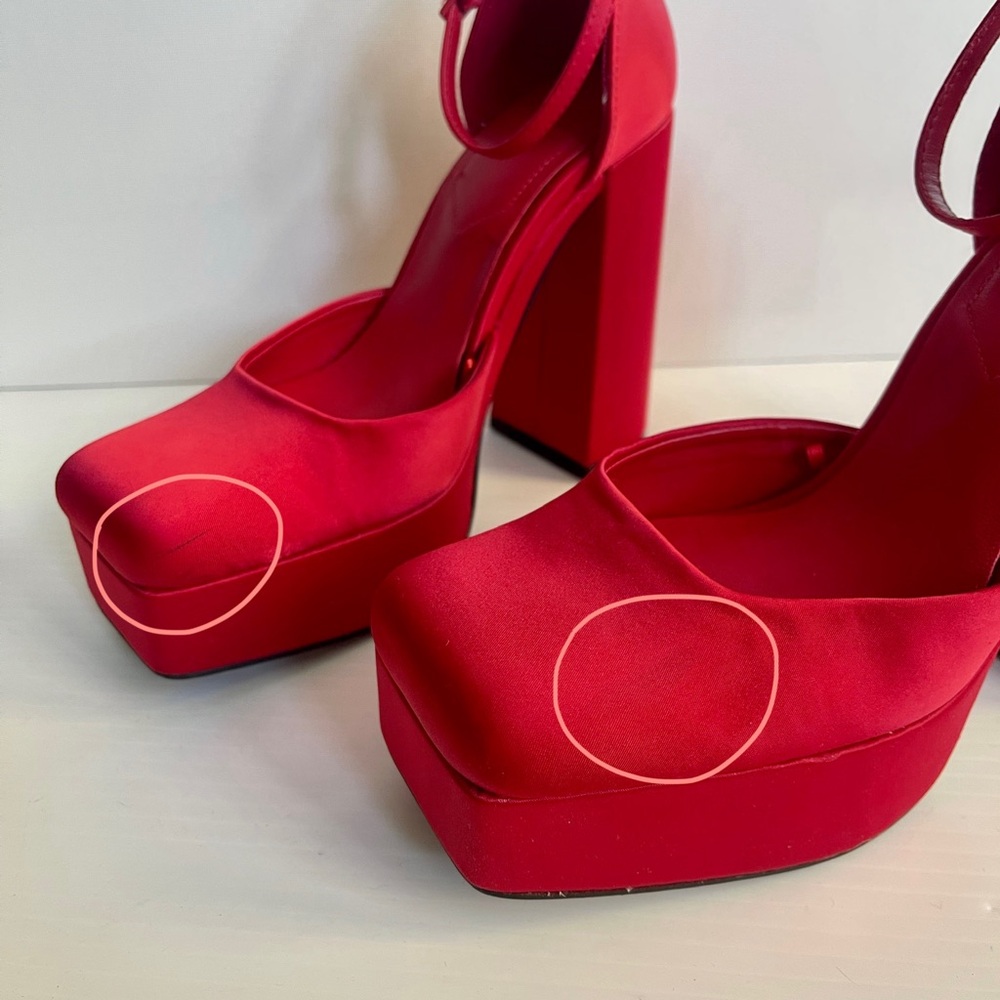 Zara Satin Red Platform Pump Square Toe Heels - Picture 8 of 12